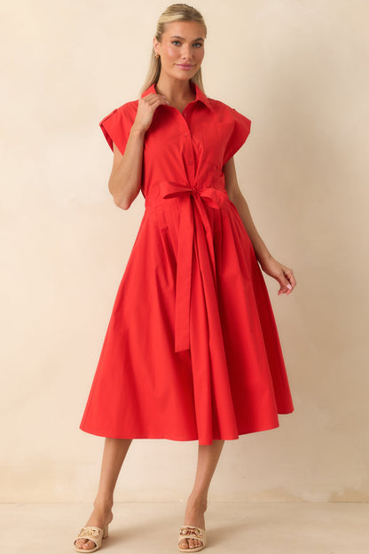 Prosperina Lana Cherry Red Cotton Button-Front Midi Dress