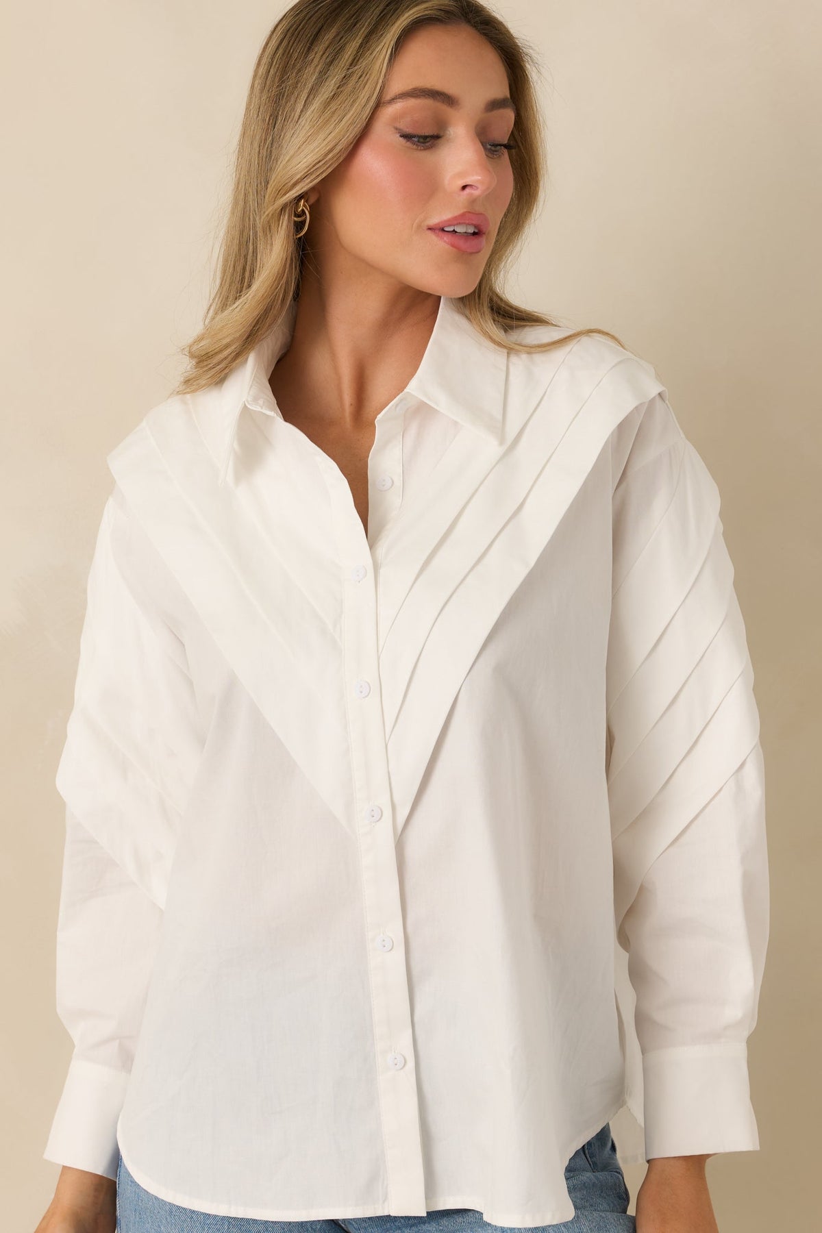 From Every Angle White Cotton Pleated Shoulder Button-Up Blouse