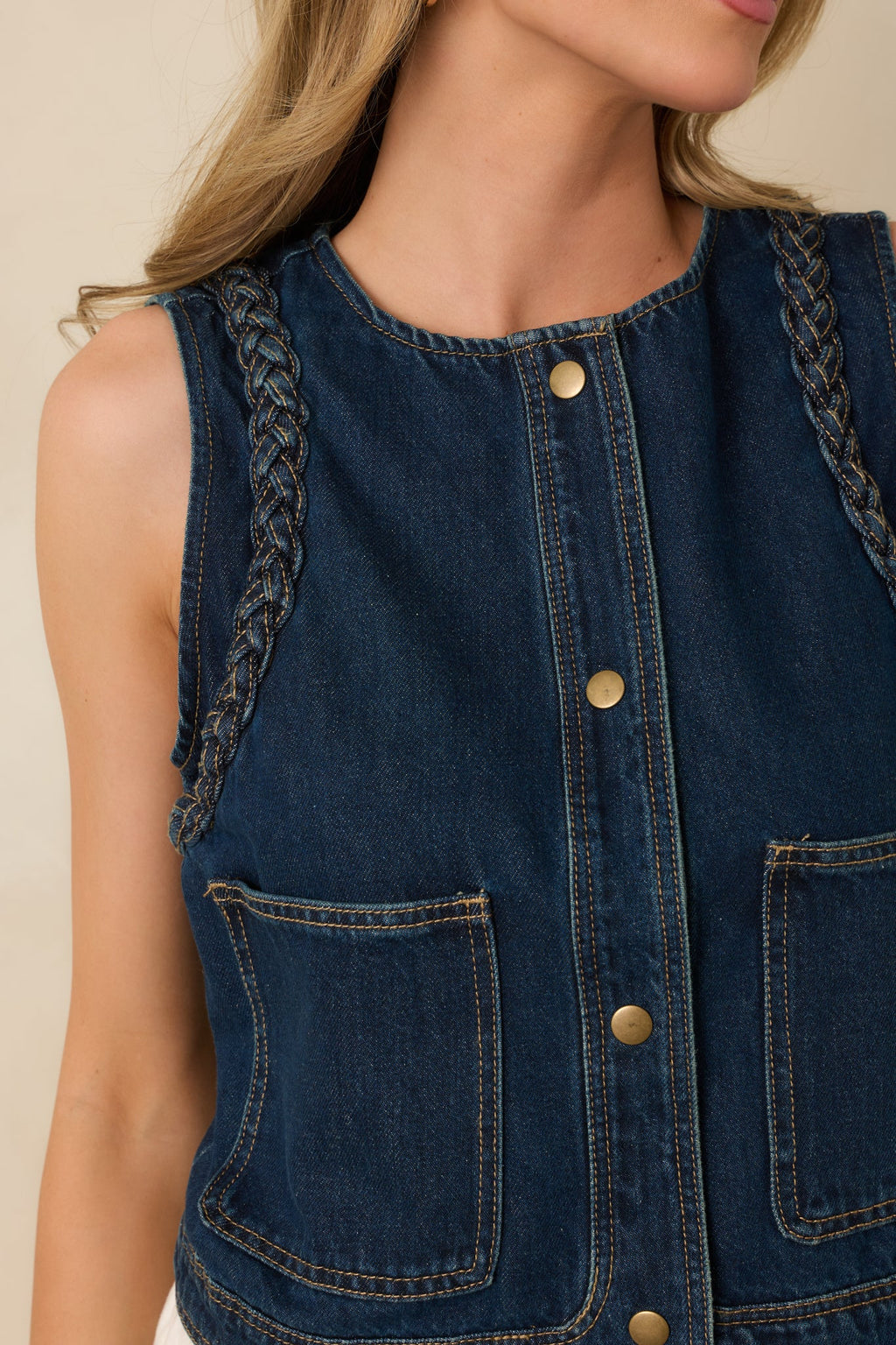 Ties That Bind Dark Wash Cotton Denim Braided Trim Vest