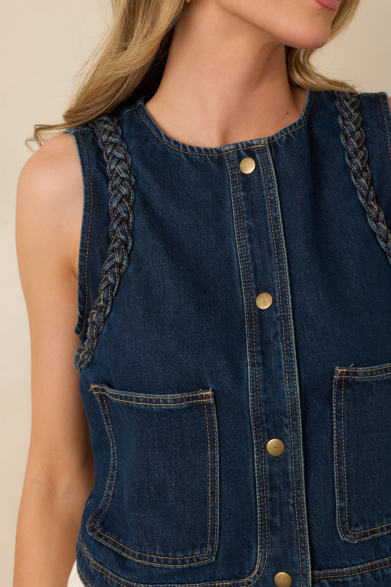 Ties That Bind Dark Wash Cotton Denim Braided Trim Vest