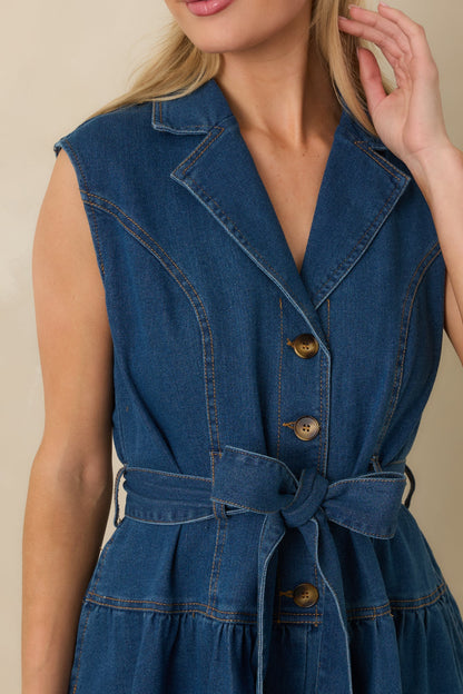 I'm All In Dark Wash Denim Tie-Belt Midi Dress