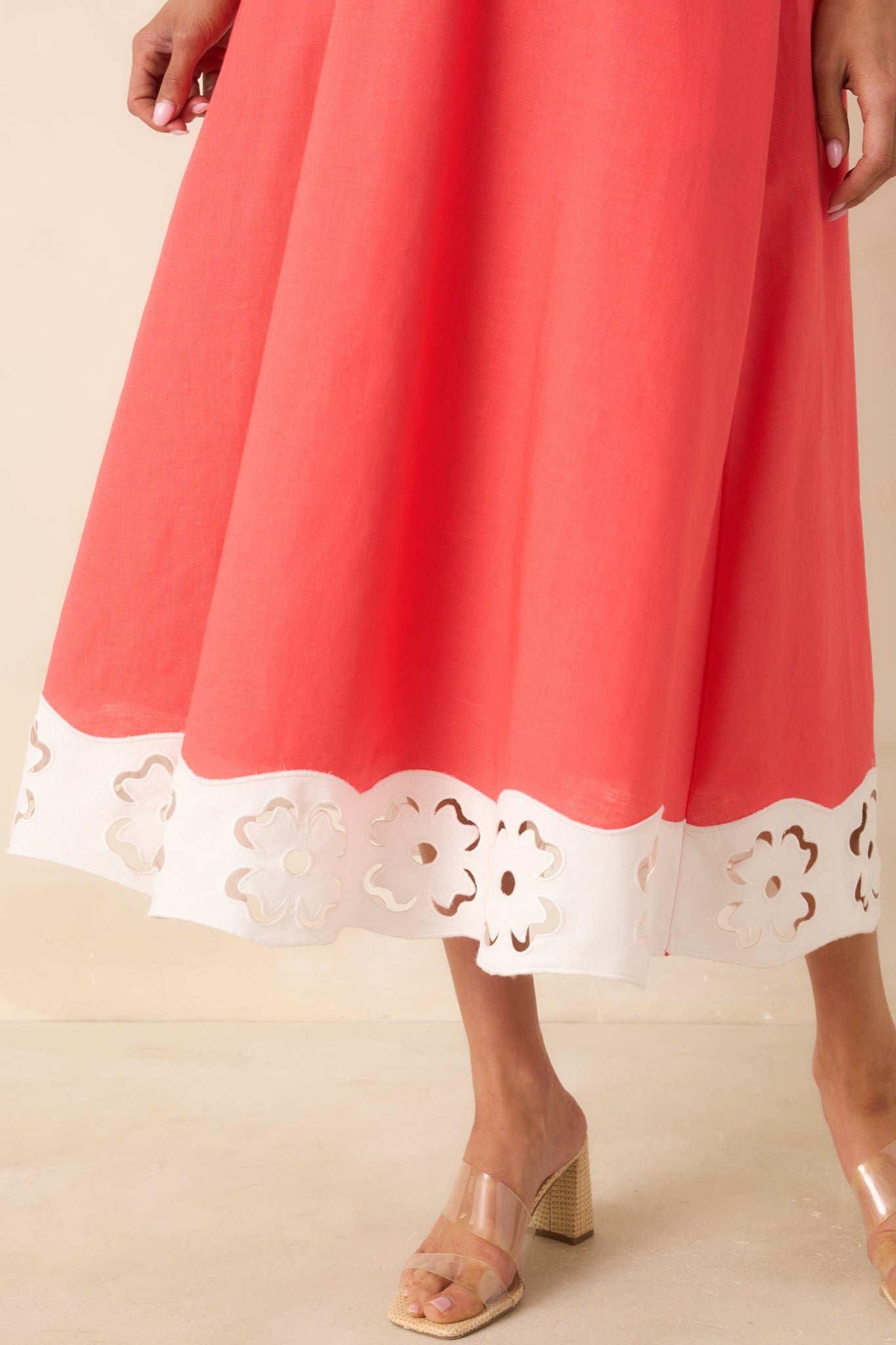 Cut Out for It Poppy Red & Ivory Cotton Linen Floral Cutout Midi Dress