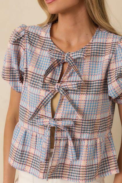 Thoughtfully Yours Blue Multi Cotton Tie-Front Peplum Top