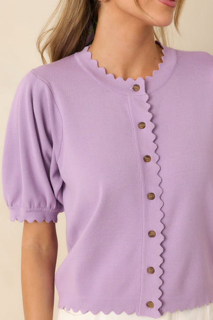 Simply So Cute Lavender Knit Scalloped Edge Puff Sleeve Button Up Cardigan