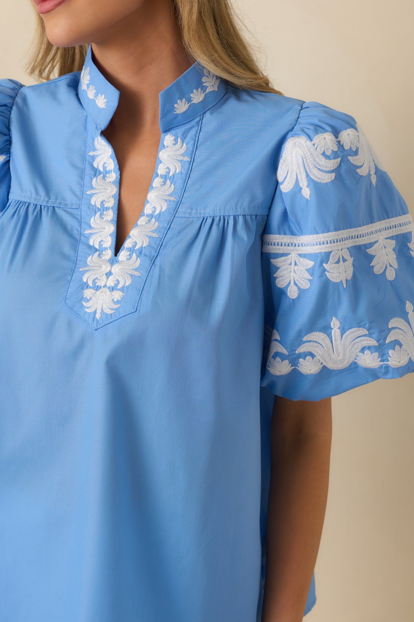 True to You Blue Embroidered Detail Puff Sleeve V-Neck Top