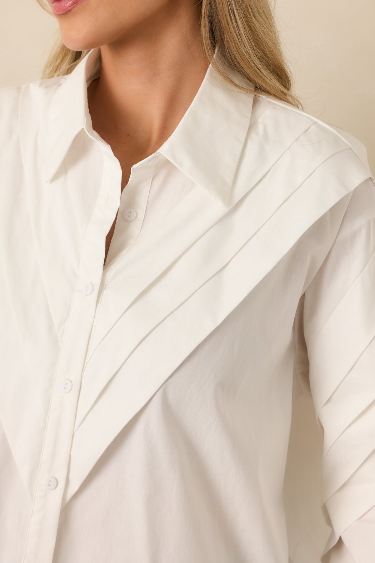 From Every Angle White Cotton Pleated Shoulder Button-Up Blouse