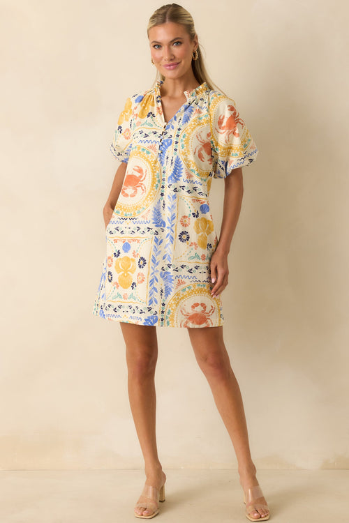 Prosperina Sasha Multi Cotton Coastal Print Mini Shift Dress