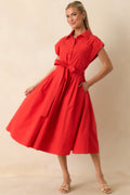 Prosperina Lana Cherry Red Cotton Button-Front Midi Dress