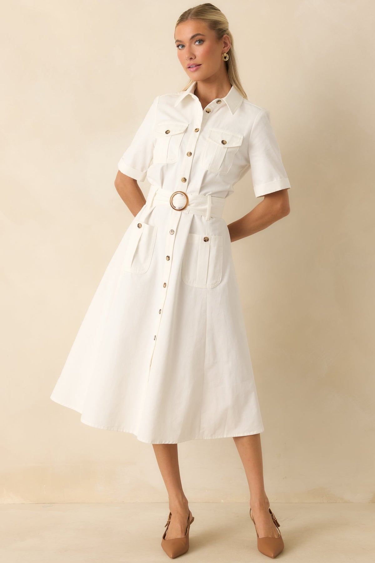 Prosperina Bentley White Cotton Twill Utility Midi Dress