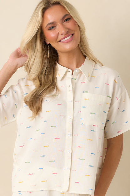 School's Out Ivory Multi Fish Print Button-Up Top