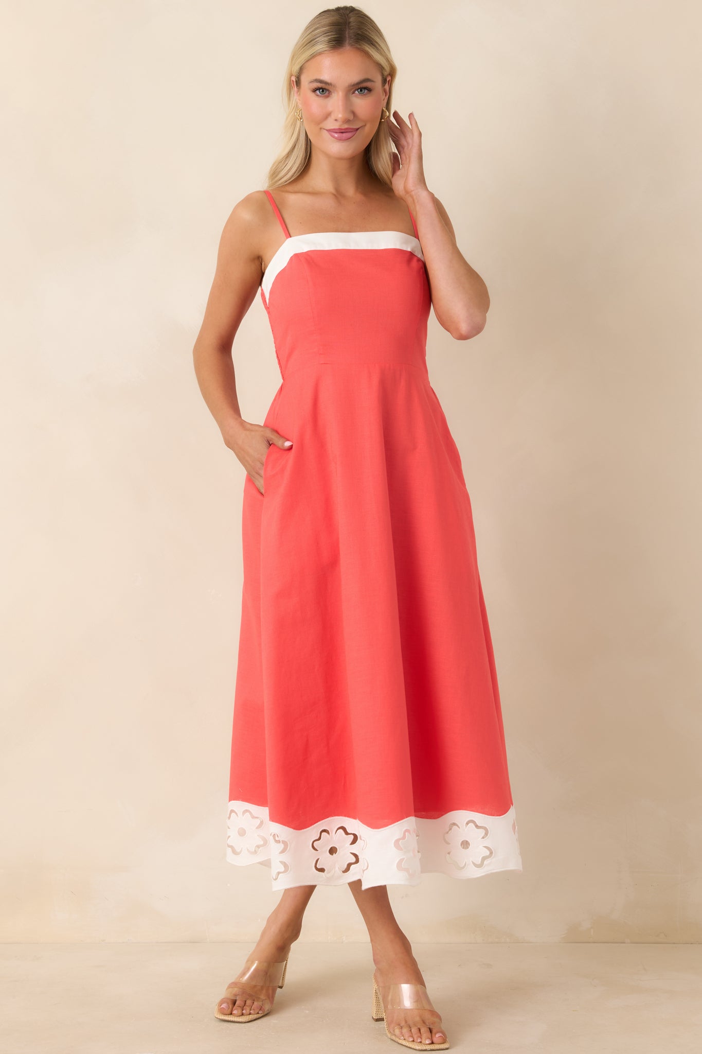 Cut Out for It Poppy Red & Ivory Cotton Linen Floral Cutout Midi Dress
