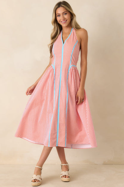 Poolside Poetry Poppy Red Stripe Contrast Halter Midi Dress