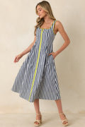 All Smiles Navy & Chartreuse Stripe Cotton Midi Dress
