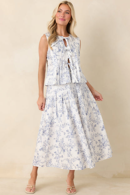 Once Upon a Daydream Blue & Ivory Floral Toile Cotton Maxi Skirt