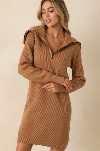 Ease Into It Camel Brown Knit Half-Zip Funnel Collar Longline Sweater Dress
