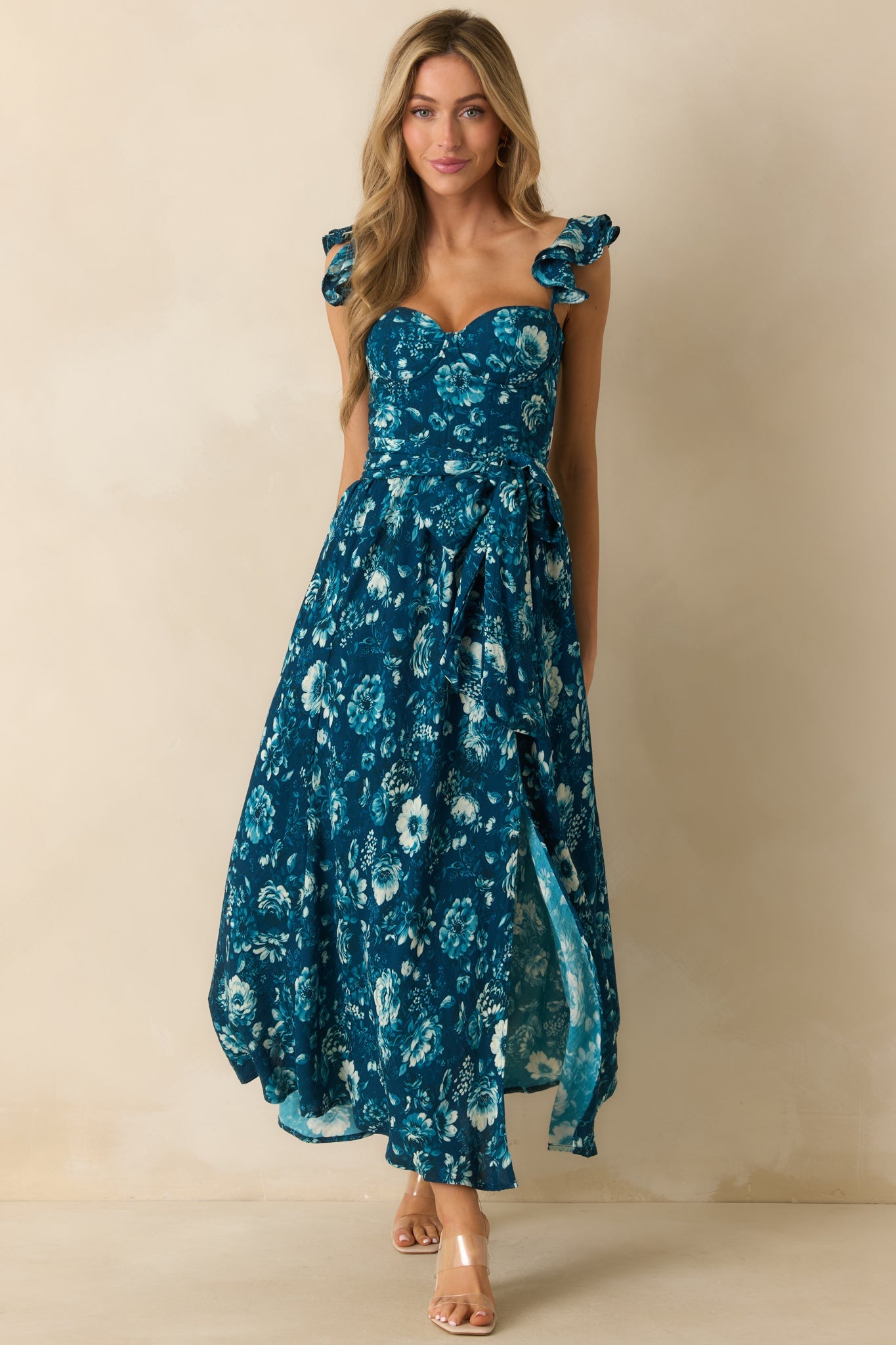 Aimee Dark Teal Multi Floral Print Bustier Maxi Dress