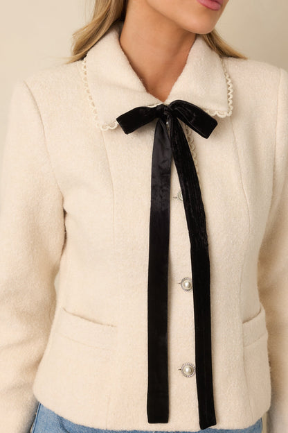 Held Together Natural Wool Blend Pearl Button & Velvet Tie Jacket