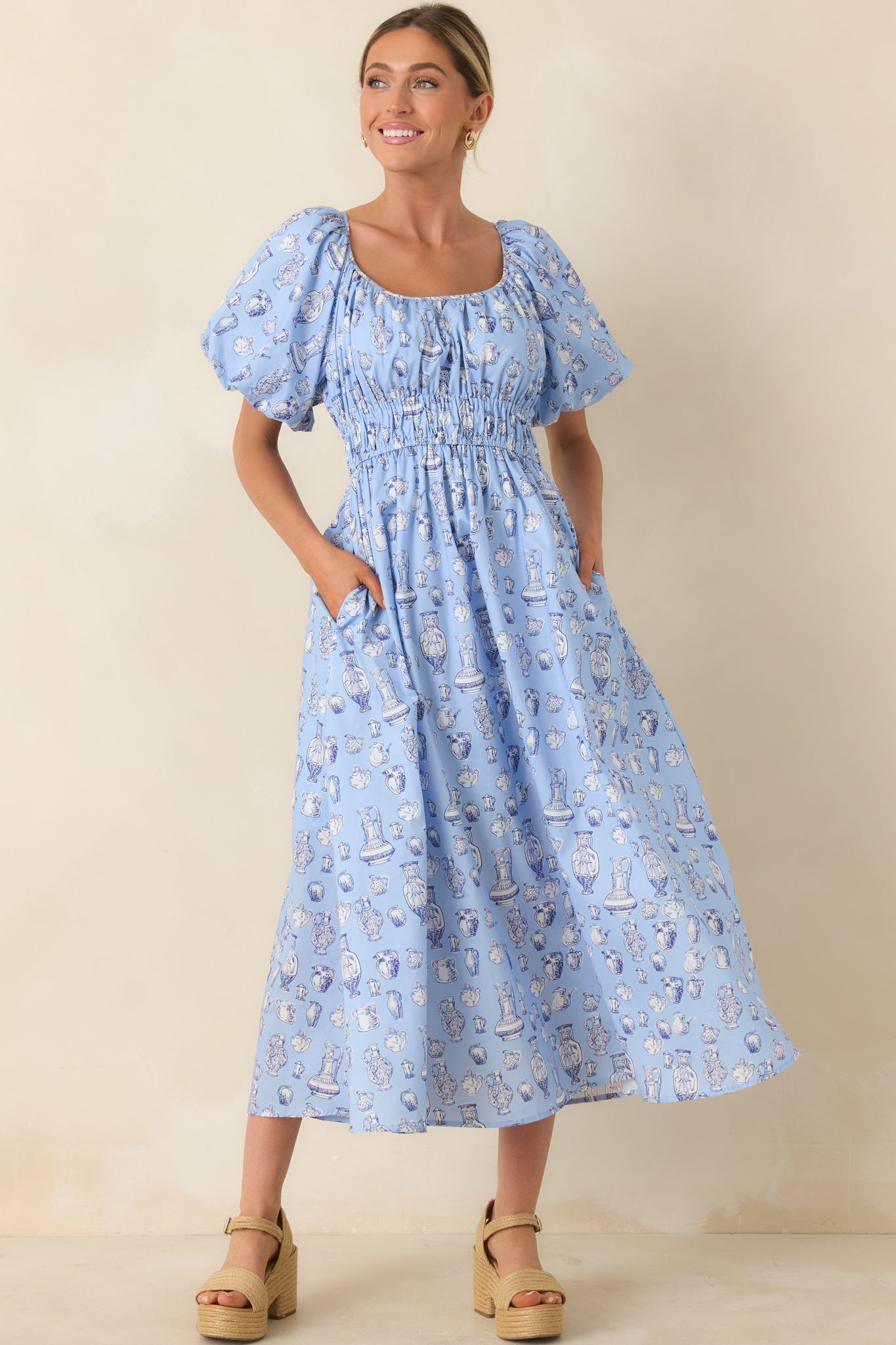 Curated Charm Blue Toile Print Cotton Midi Dress
