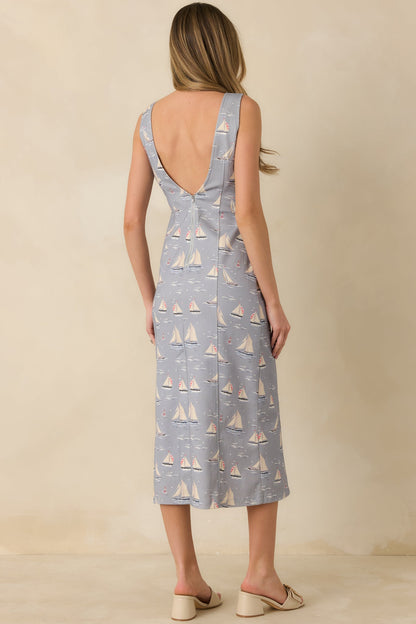 On Deck Darling Dusty Blue Cotton Blend Nautical Sleeveless Midi Dress