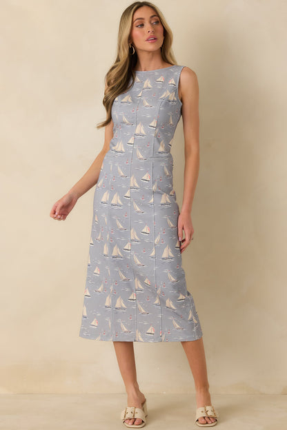 On Deck Darling Dusty Blue Cotton Blend Nautical Sleeveless Midi Dress