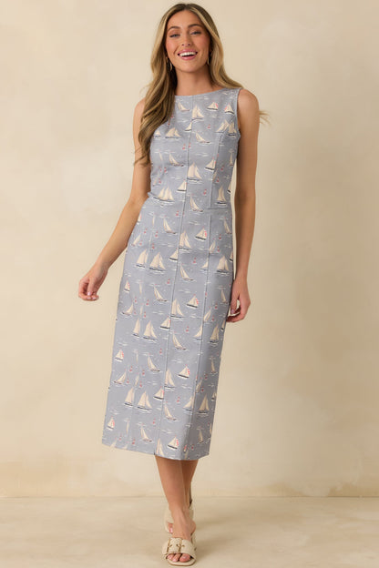 On Deck Darling Dusty Blue Cotton Blend Nautical Sleeveless Midi Dress
