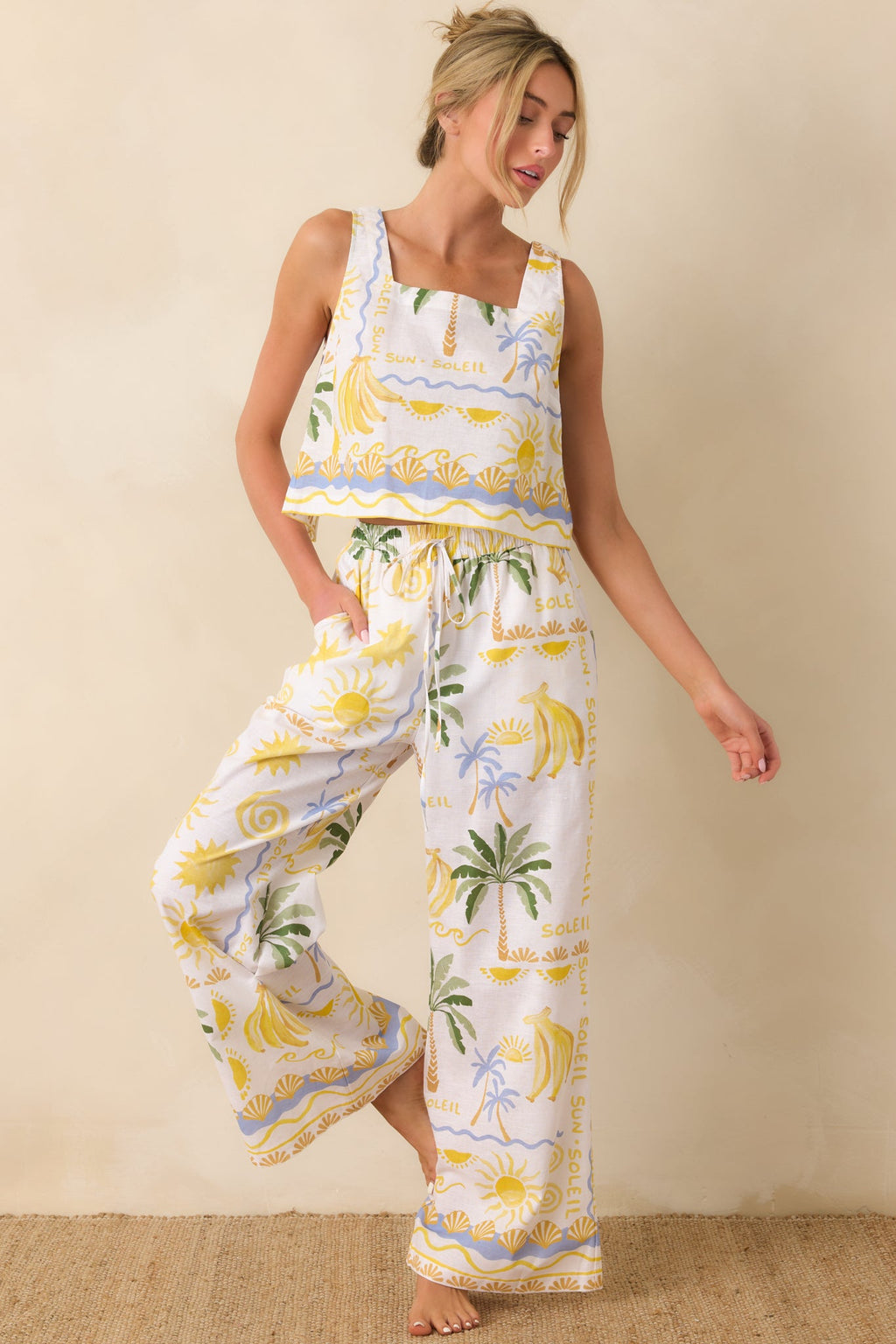 Paradisa Gulf Coast White Multi Linen Blend Tropical Print Pants