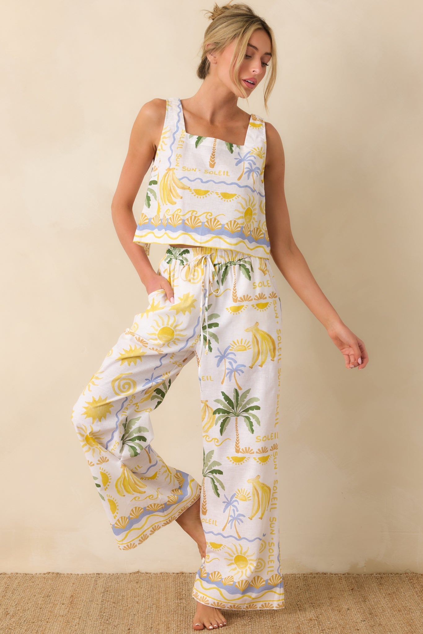 Paradisa Gulf Coast White Multi Linen Blend Tropical Print Pants