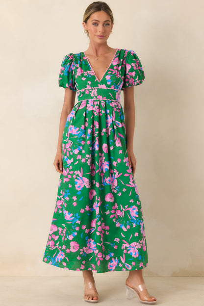 What a Dream Green Multi Floral Cotton Open Back Maxi Dress