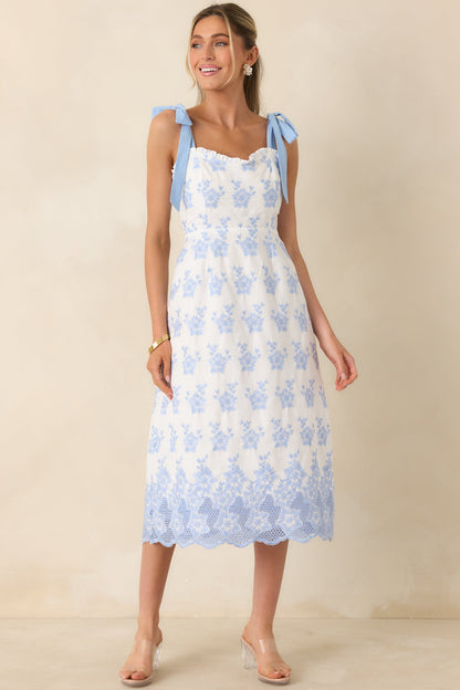 Made For Lovely Days Blue Embroidered Cotton Tie-Strap Midi Dress