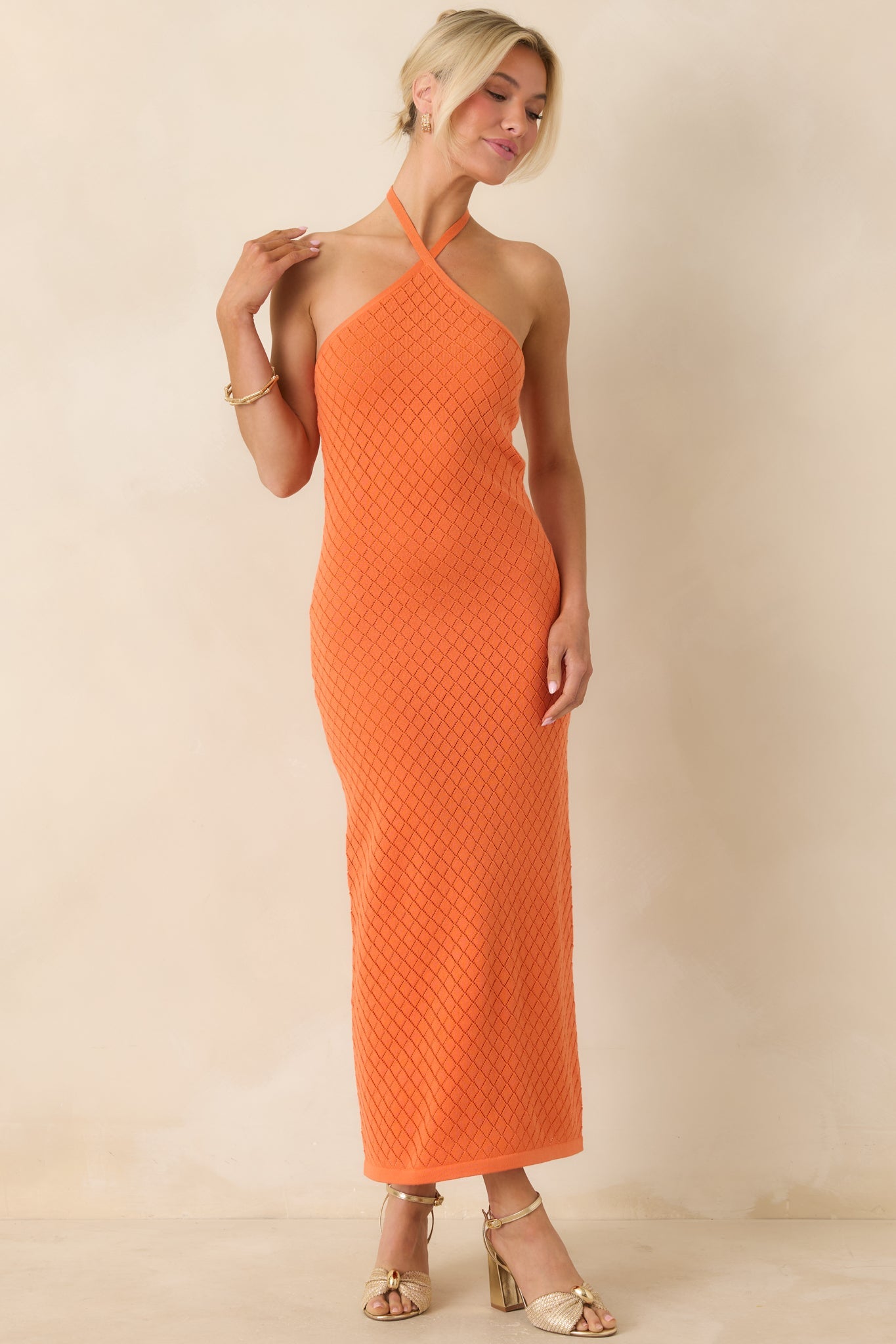 Causing a Heatwave Orange Textured Diamond Knit Halter Midi Dress