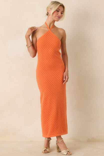 Causing a Heatwave Orange Textured Diamond Knit Halter Midi Dress