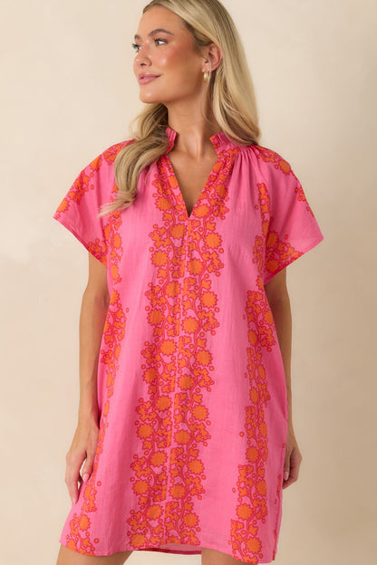 Palm Beach Bound Pink & Orange Cotton Floral Mini Dress