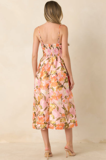 Blushing Bouquet Pink & Orange Floral Midi Dress