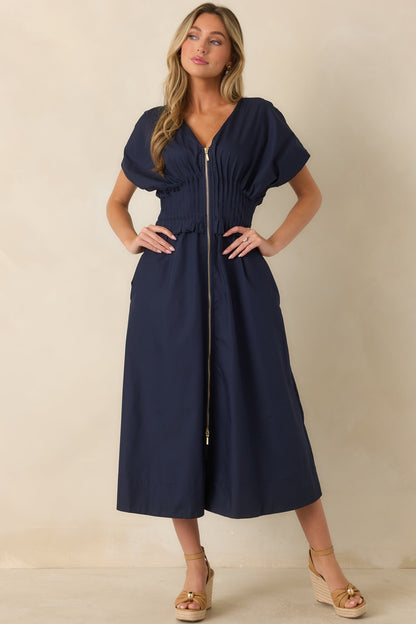 Let It Be Easy Navy Smocked Waist Zip Maxi Dress