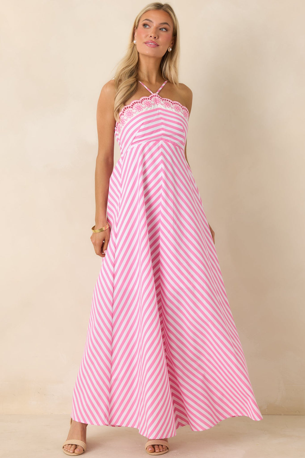 Picnic Pretty Pink Stripe Cotton Floral Hem Halter Maxi Dress
