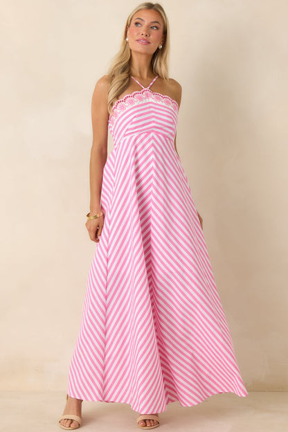 Picnic Pretty Pink Stripe Cotton Floral Hem Halter Maxi Dress