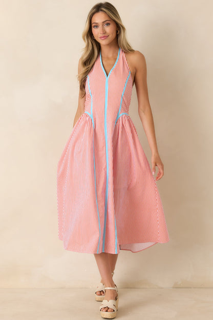 Poolside Poetry Poppy Red Stripe Contrast Halter Midi Dress