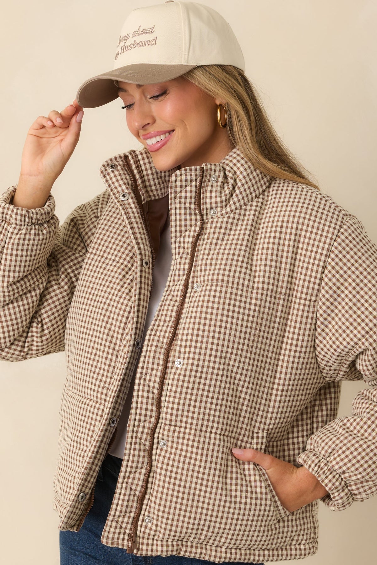 Warm Welcome Brown Gingham Puffer Coat
