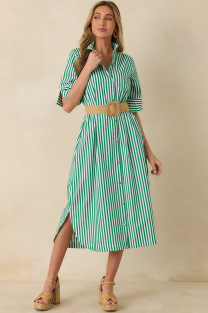 In Perfect Order Green Stripe Button Front Ruffle Collar Midi Shirt Dress