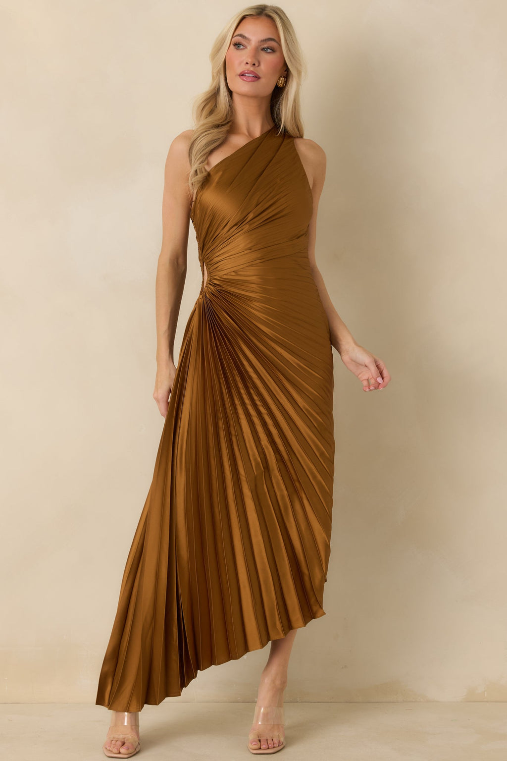 Poetic Charm Bronze Asymmetric One Shoulder Maxi Dress
