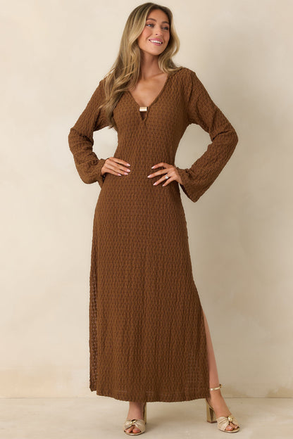 Just a Hint of Glam Brown Textured Semi-Sheer Long Sleeve Maxi Dress