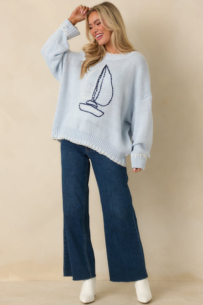 Set Your Course Light Blue Knit Embroidered Sailboat Sweater