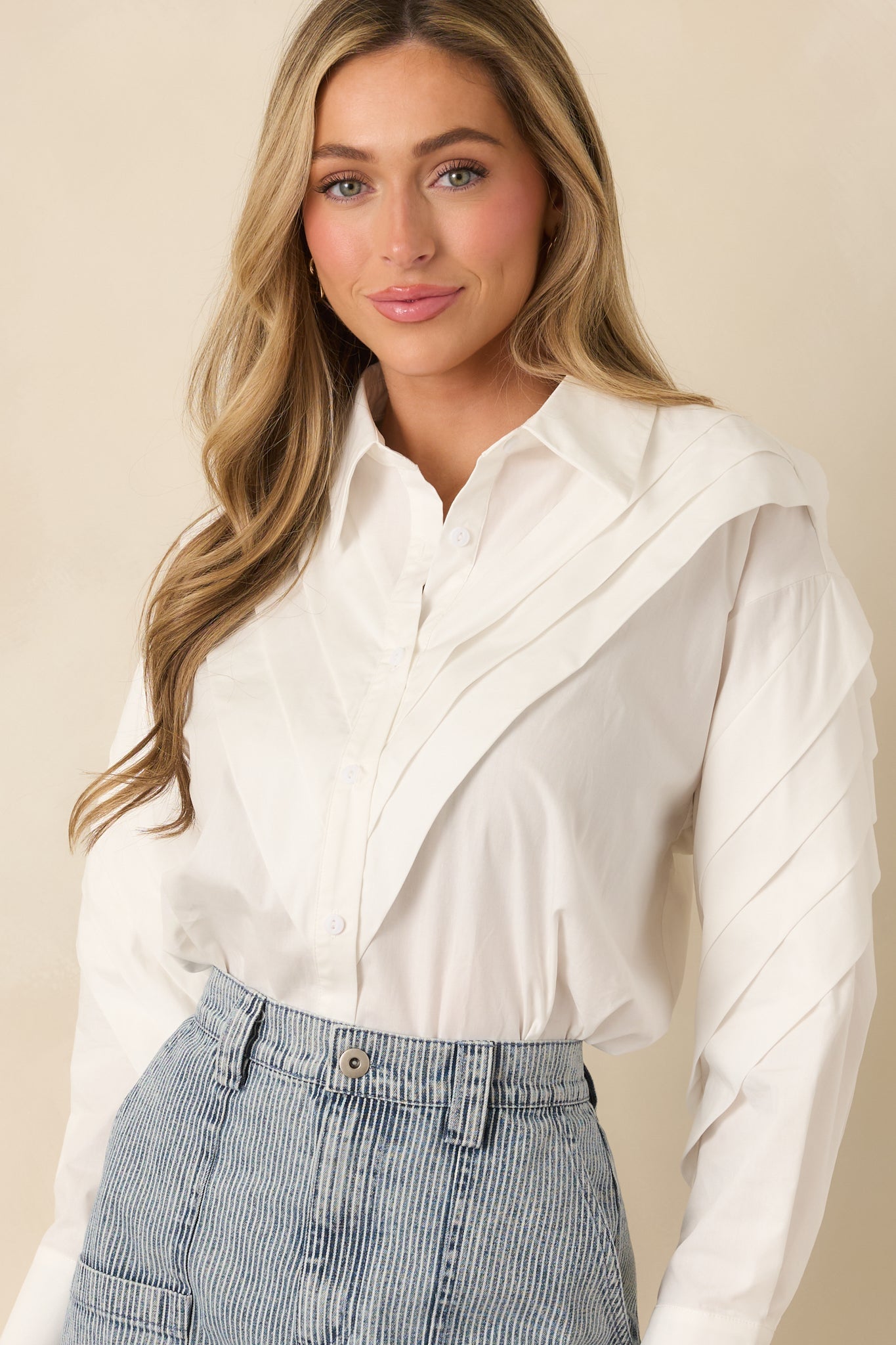 From Every Angle White Cotton Pleated Shoulder Button-Up Blouse