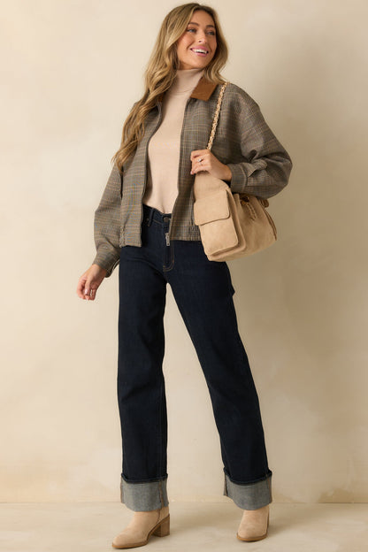 Riding Club Brown Multi Plaid Bomber Jacket