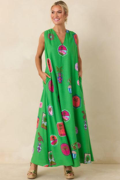 Send Me A Postcard Green Multi Tropical Print Maxi Dress