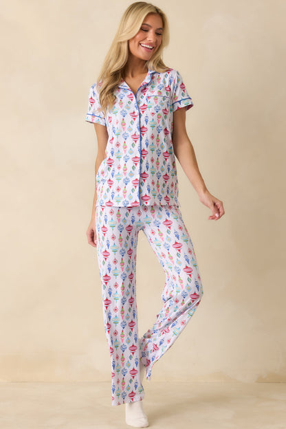 Decked In Delight White Multi Ornament Pajama Pants