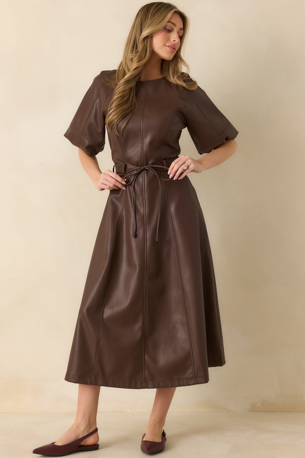 Something to Behold Brown Faux Leather Short Sleeve Belted Midi Dress
