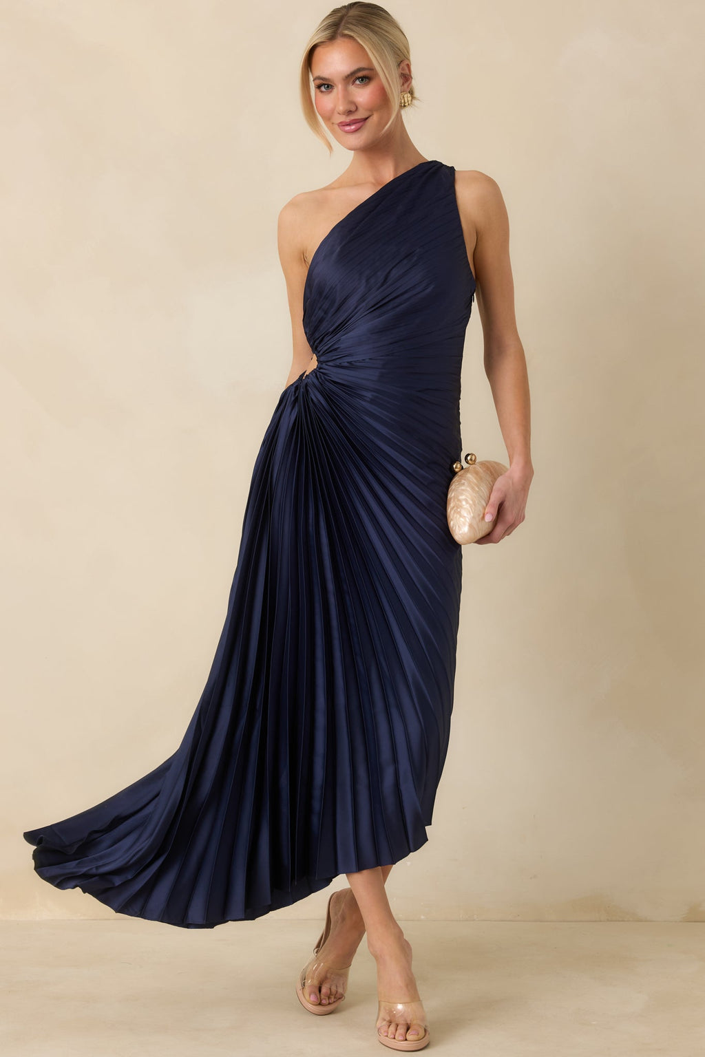 Poetic Charm Navy Blue Asymmetric One Shoulder Maxi Dress