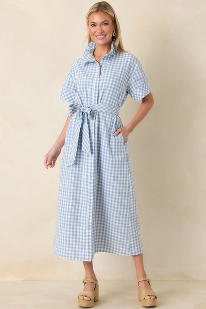 Check Me Out Blue Gingham Ruffle Collar Belted Maxi Dress