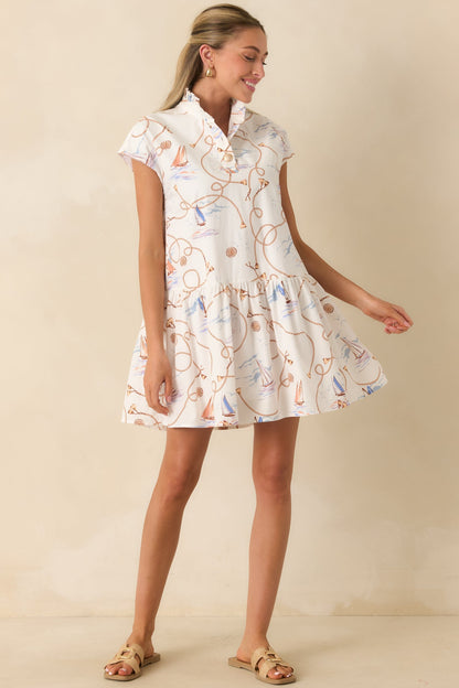 Prosperina Stella Ivory Multi Nautical Print Cotton Mini Dress
